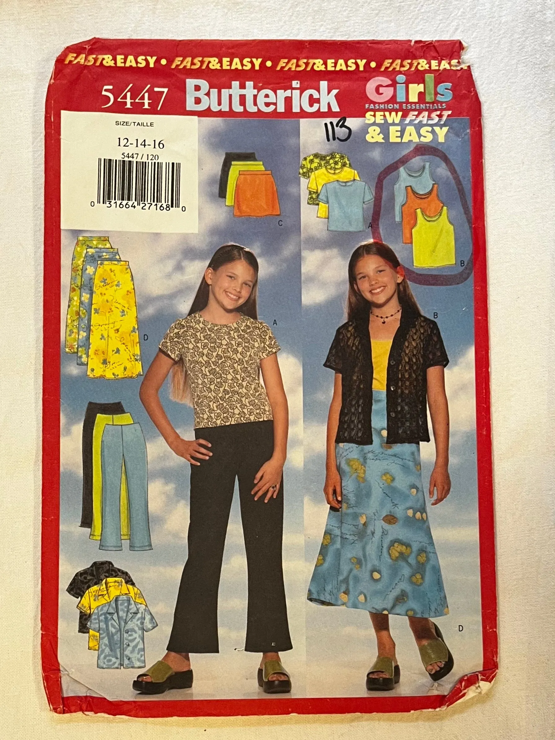 Butterick 5447 Sewing Pattern Girls' Shirt, Top, Skirt, & Pants Sizes 12, 14, 16