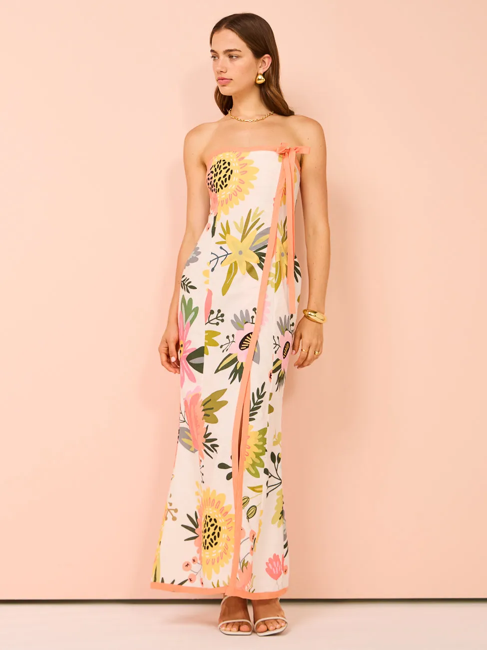 By Nicola Claudia Strapless Wrap Maxi Dress in Potpourri/Melon