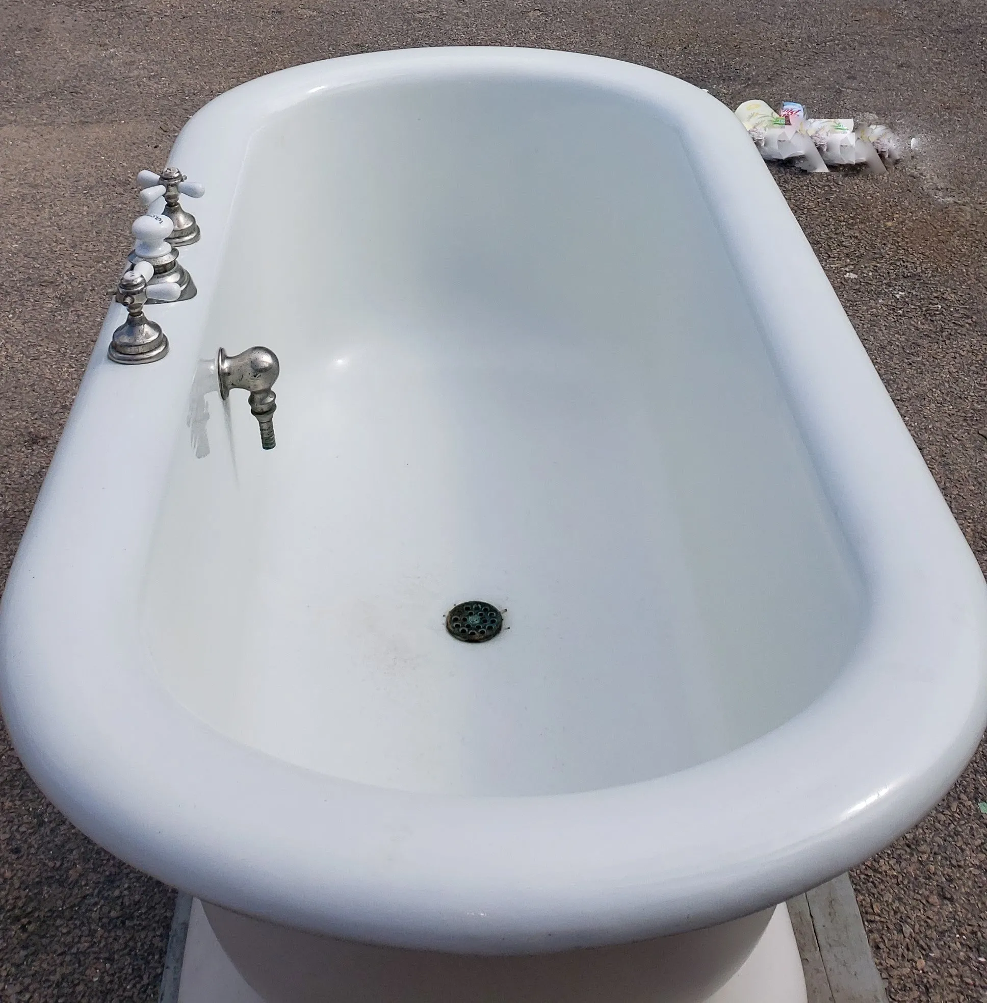 Cast Iron Skirted Tub with Original Porcelain Deck Mount Hardware & Center Drain #GA9174