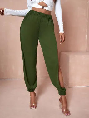 Casual Plain Split Semi-Sheer Natural Long Women Pants