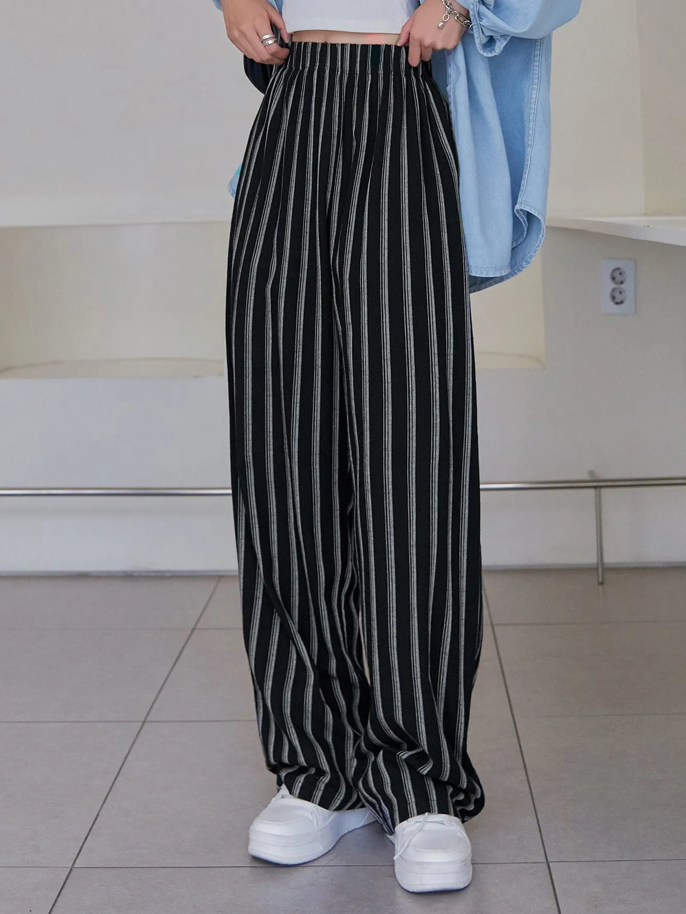 Casual Striped Pocket Natural Long Women Pants