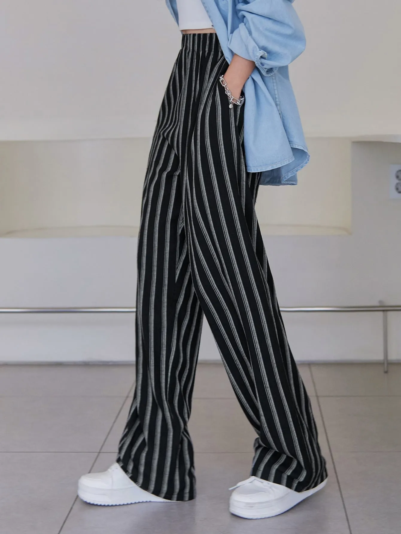 Casual Striped Pocket Natural Long Women Pants