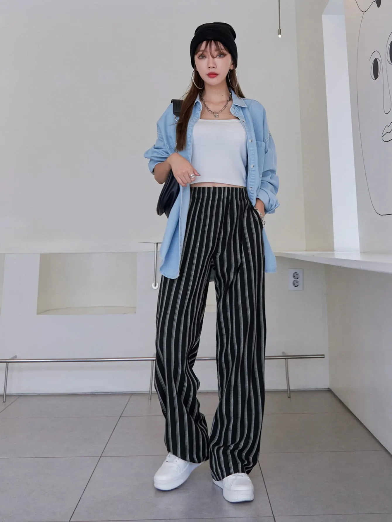 Casual Striped Pocket Natural Long Women Pants