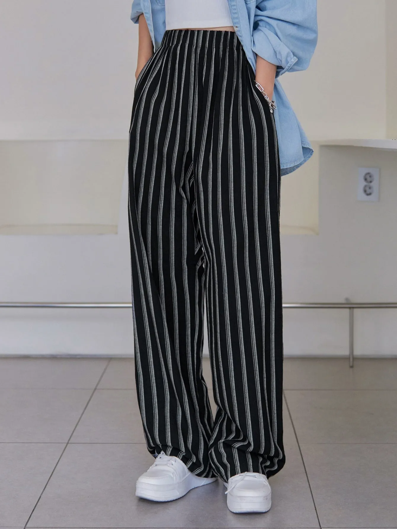 Casual Striped Pocket Natural Long Women Pants