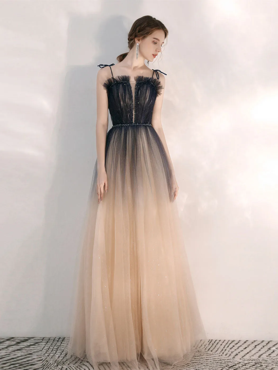 Champagne A line Tulle Sequin Long Prom Dress, Champagne Evening Dress