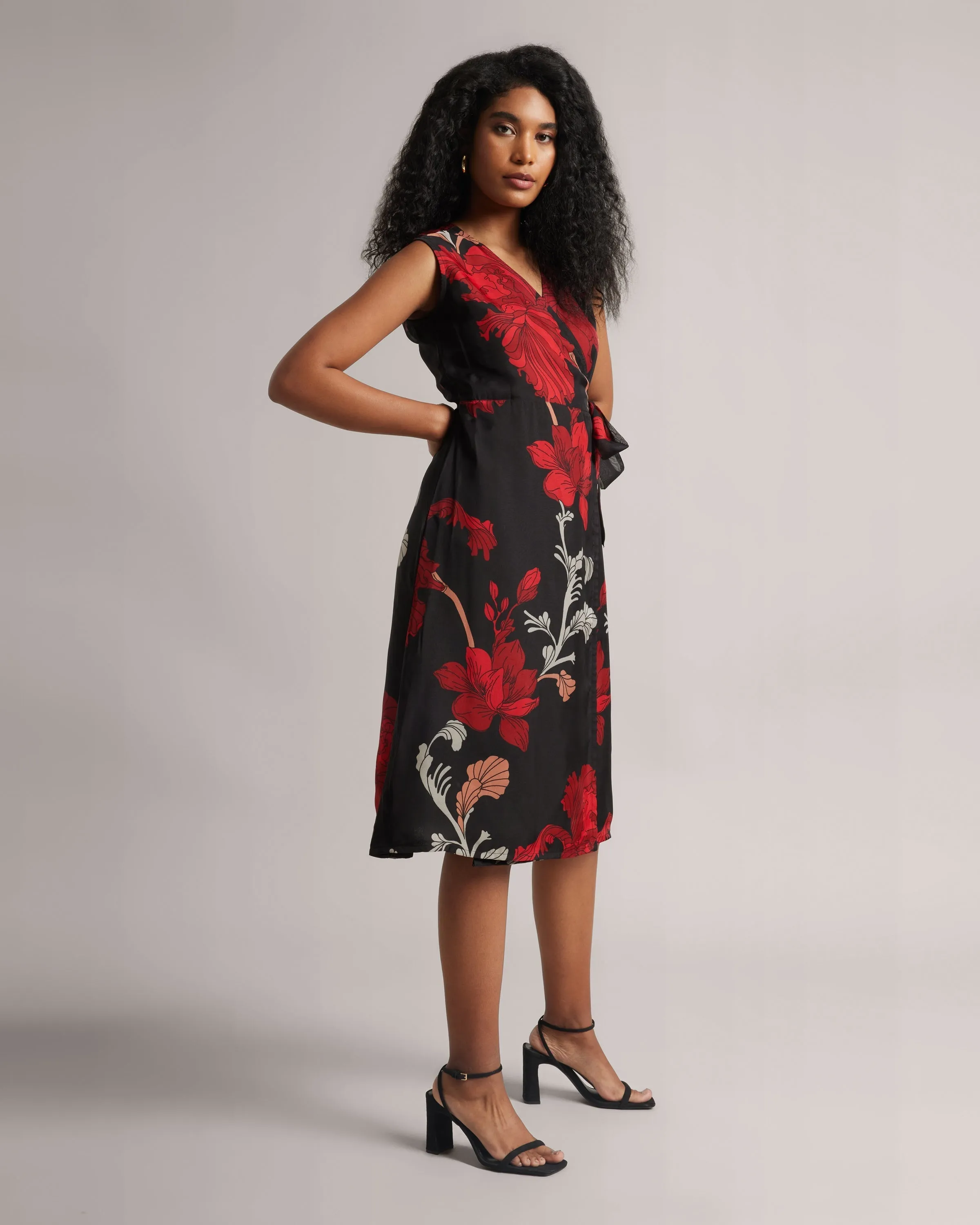 Charcoal Black Fiery Print Wrap Midi Dress