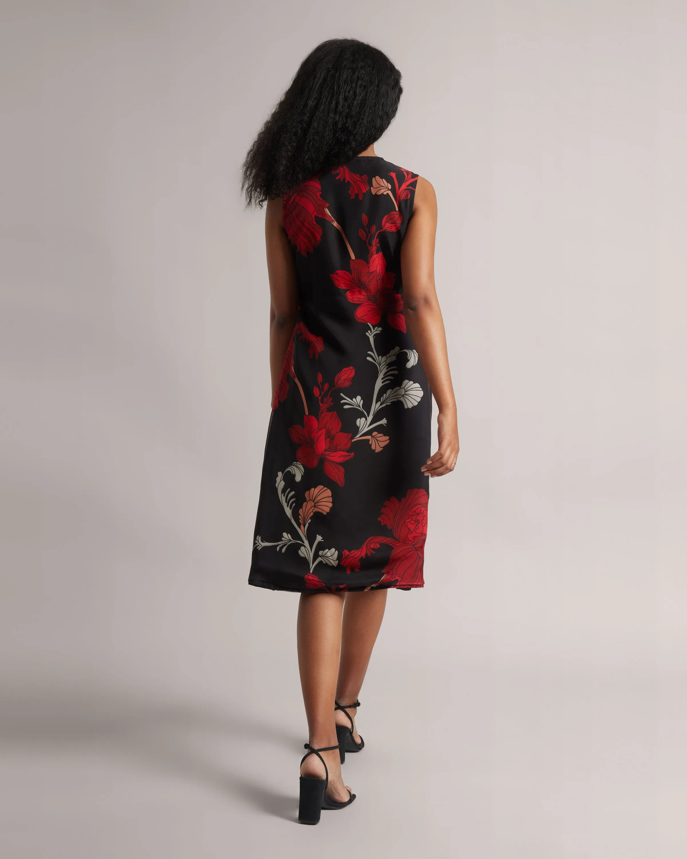 Charcoal Black Fiery Print Wrap Midi Dress