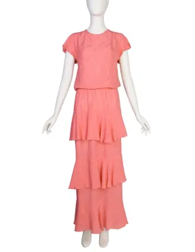 Chloe Vintage SS 1980 Coral Crepe de Chine Silk Jacquard Top and Tiered Skirt Ensemble