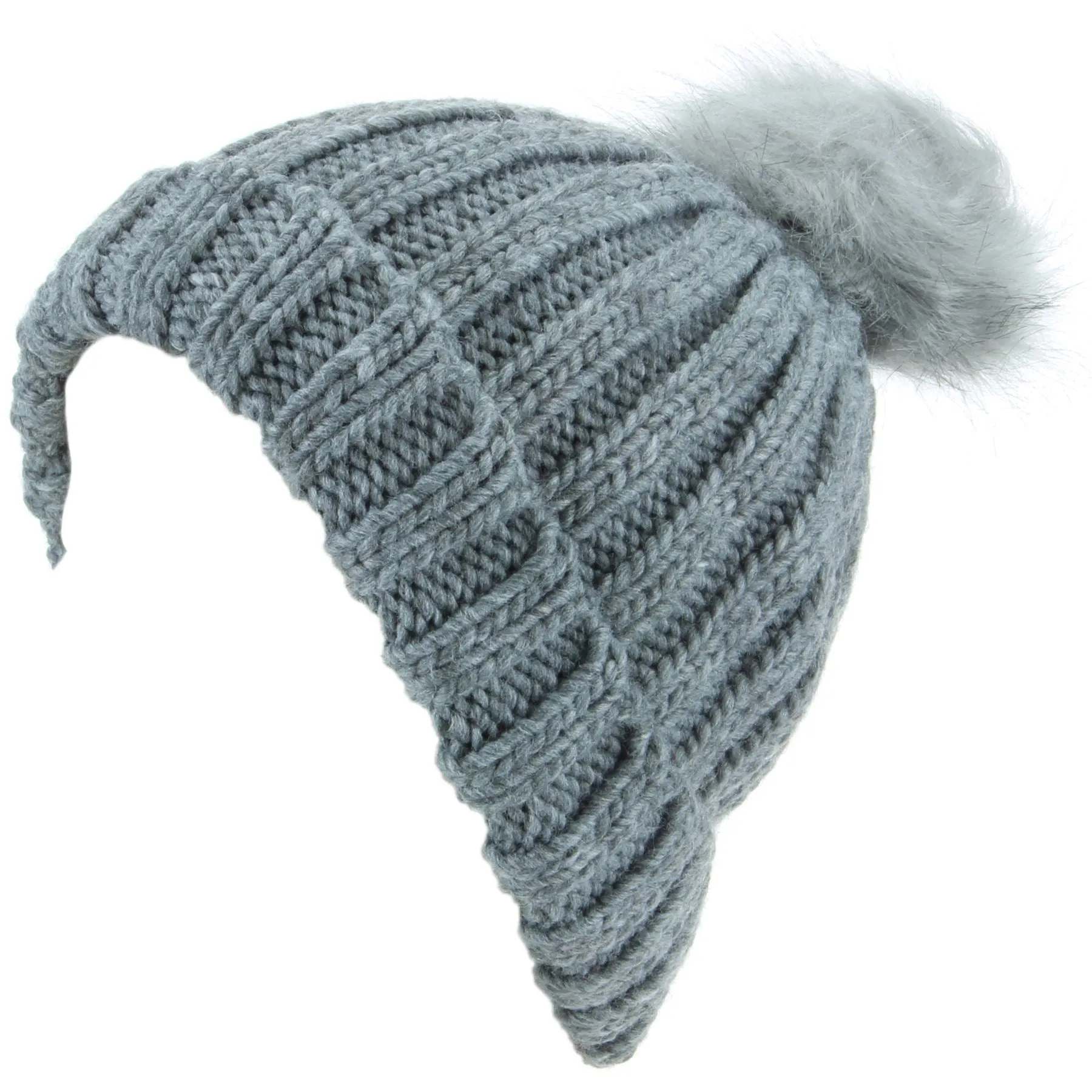 Chunky Knit Beanie Hat with Faux Fur Bobble - Grey