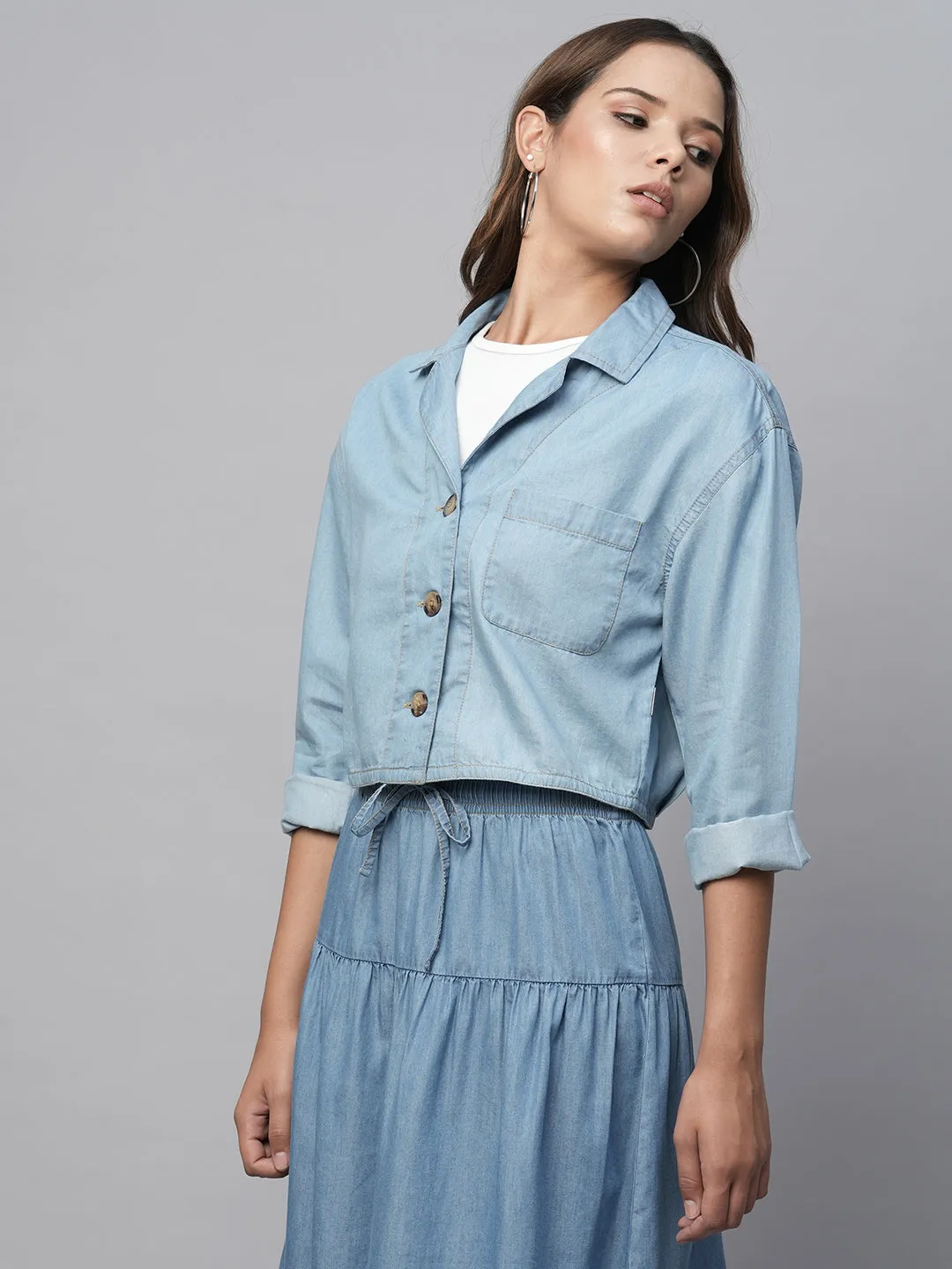 Cotton Tencel Denim Dropped Shoulder Boxy Cropped Jacket