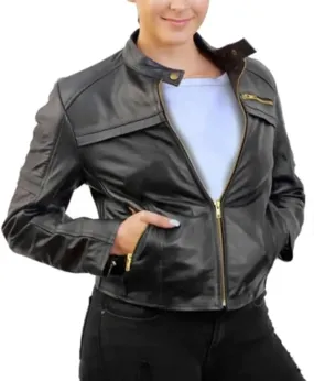 Cropped Real Leather Jacket With Gold Zippers For Women By TJS