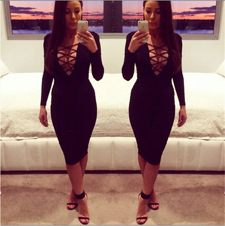 Cross Neck Bandage Bodycon Knee-length Club Dress