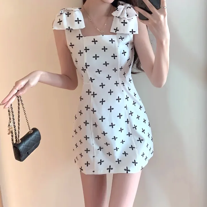 Cross-Print Bow-Knot Waist Strappy Dress