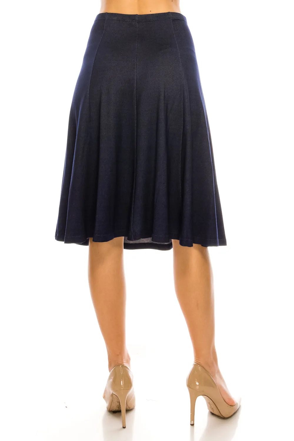 Denim Knit Flared A-line Below The Knee Midi Skirt