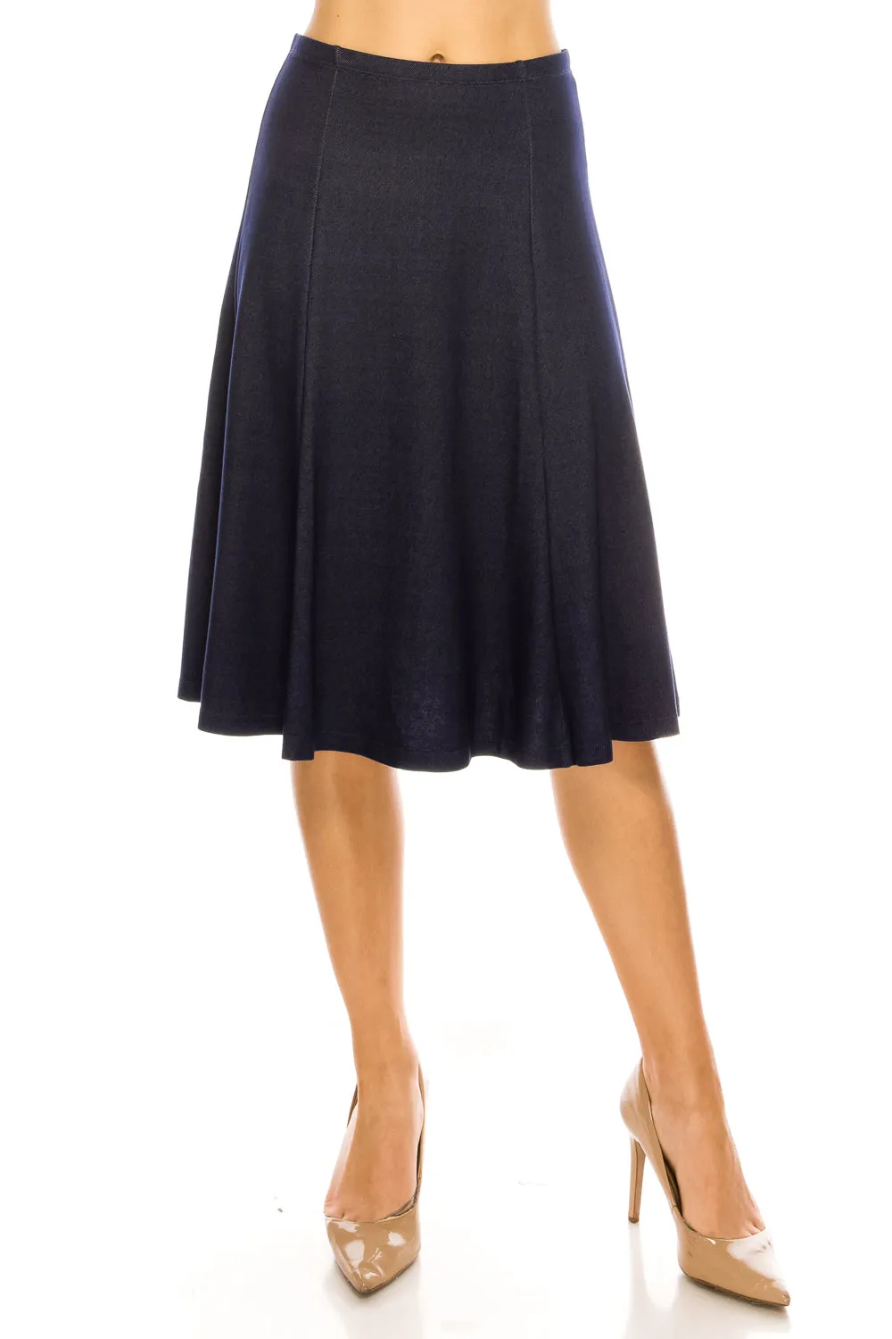 Denim Knit Flared A-line Below The Knee Midi Skirt