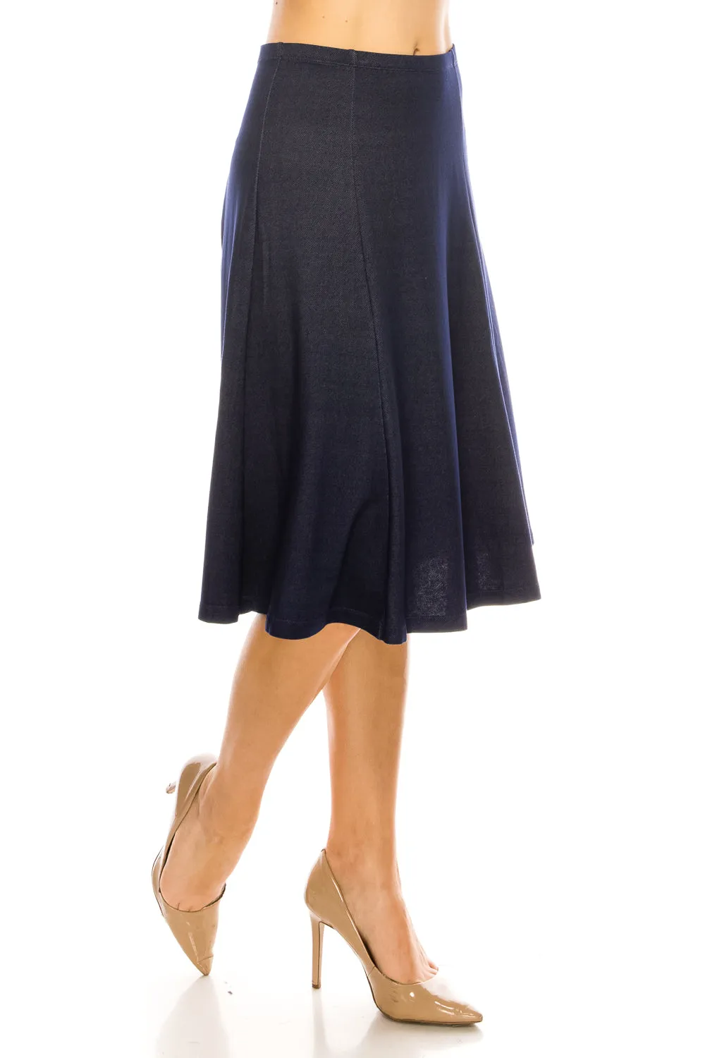 Denim Knit Flared A-line Below The Knee Midi Skirt