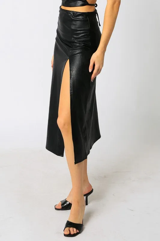 Dian Vegan Leather Midi Skirt - Black