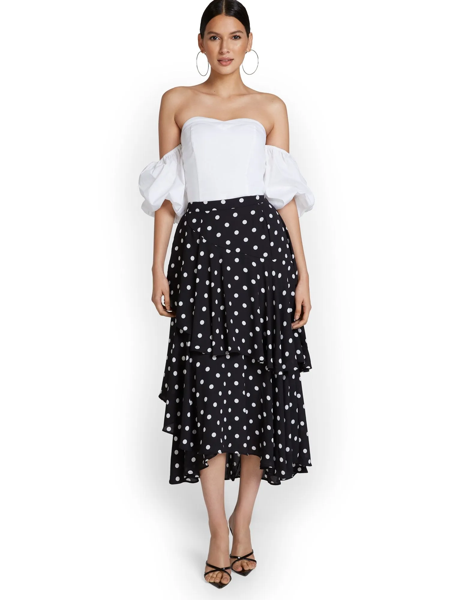 Dot-Print Tiered Midi Skirt