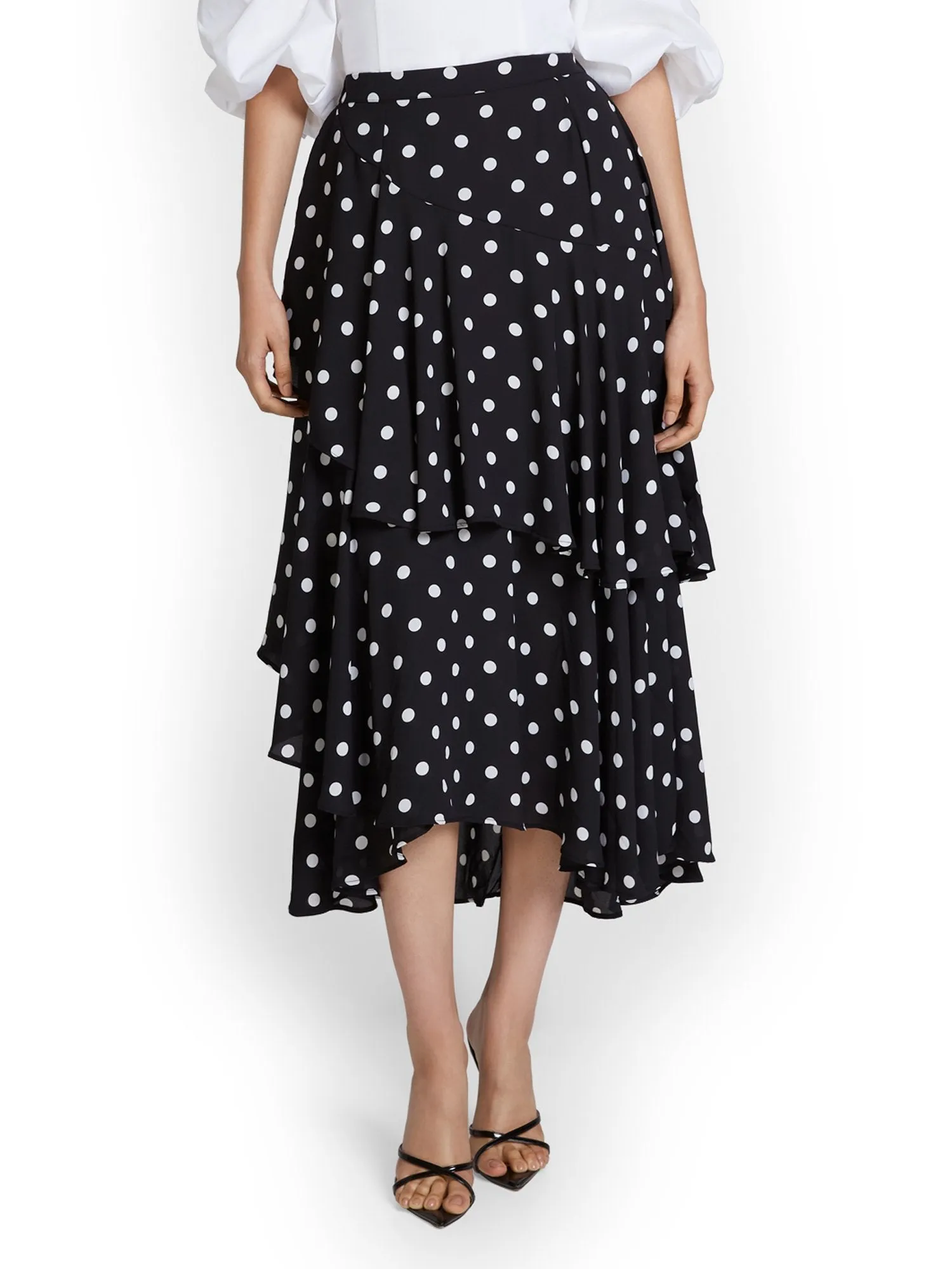 Dot-Print Tiered Midi Skirt