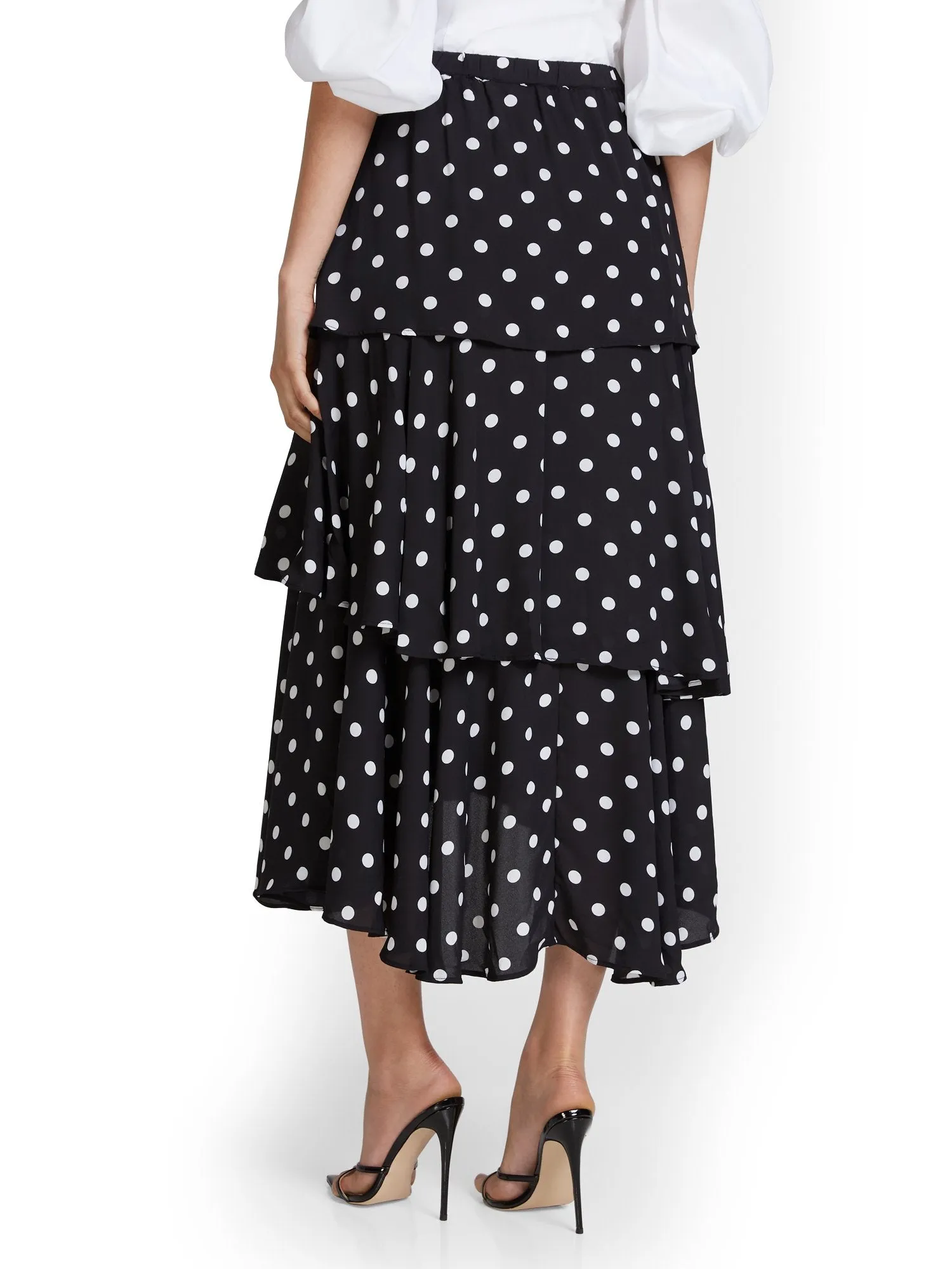 Dot-Print Tiered Midi Skirt