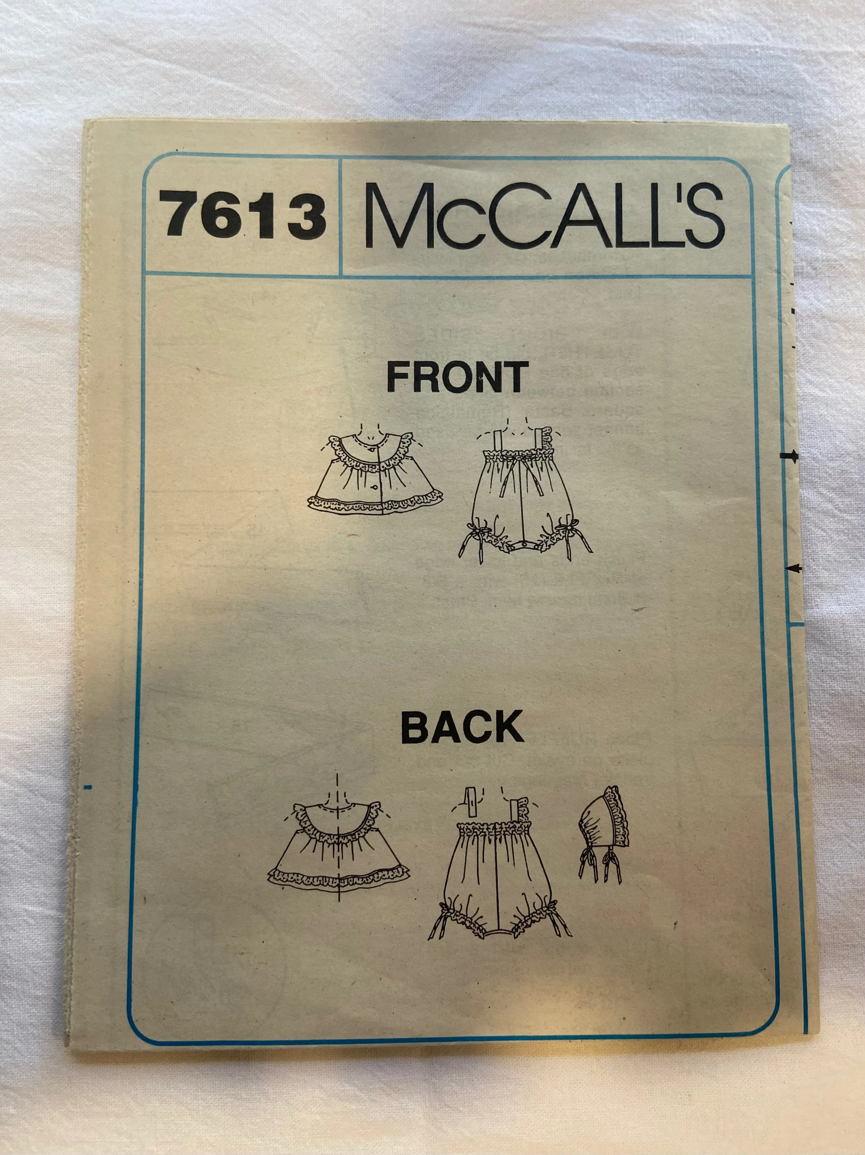 Easy McCall's 7613 Pattern UNCUT Infants' Romper w/ Snap Crotch, Top & Bonnet S/M/L/XL