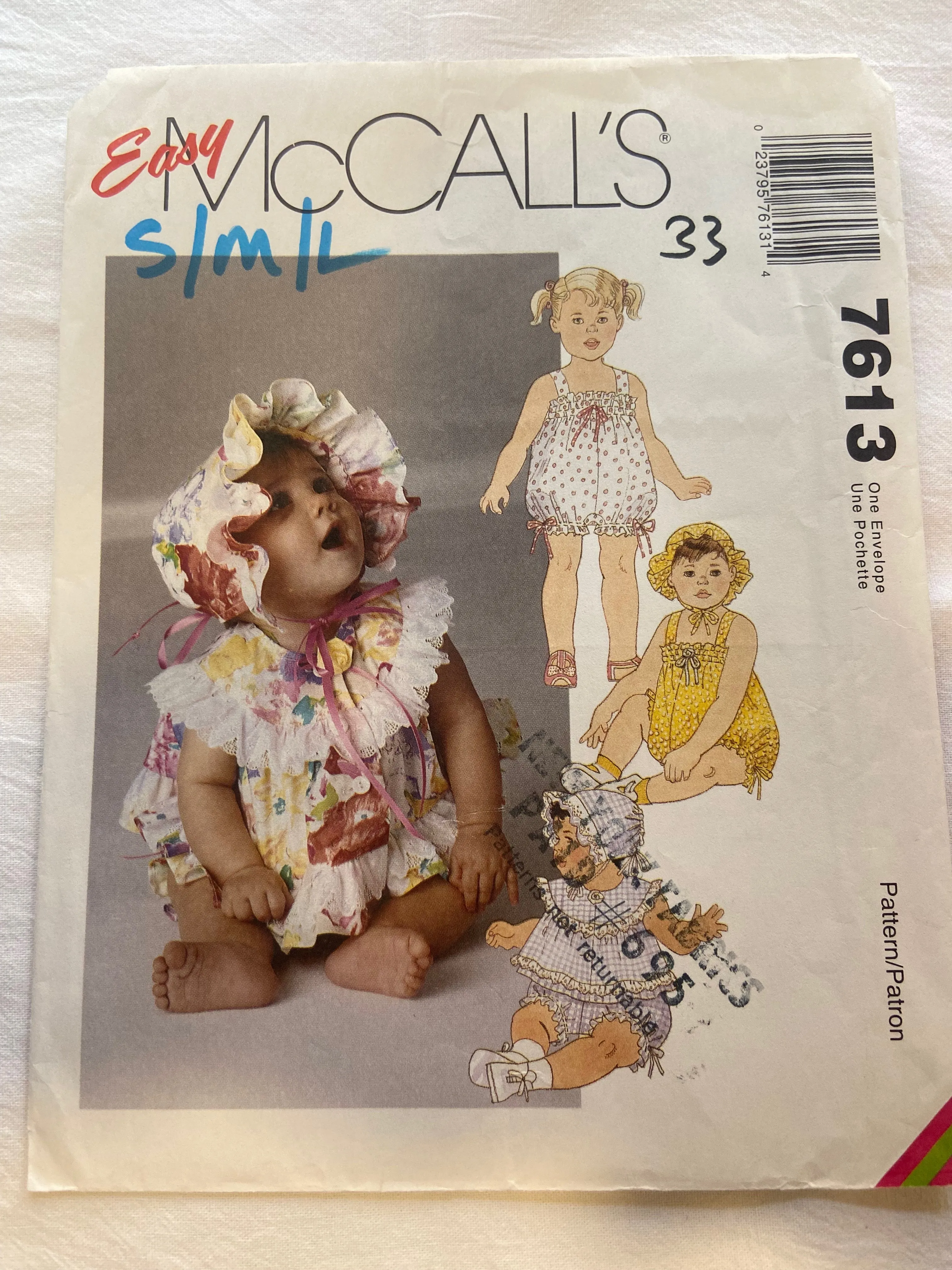 Easy McCall's 7613 Pattern UNCUT Infants' Romper w/ Snap Crotch, Top & Bonnet S/M/L/XL