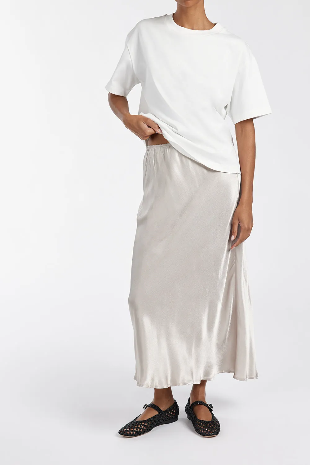 EMELIA CHALK SATIN MIDI SKIRT