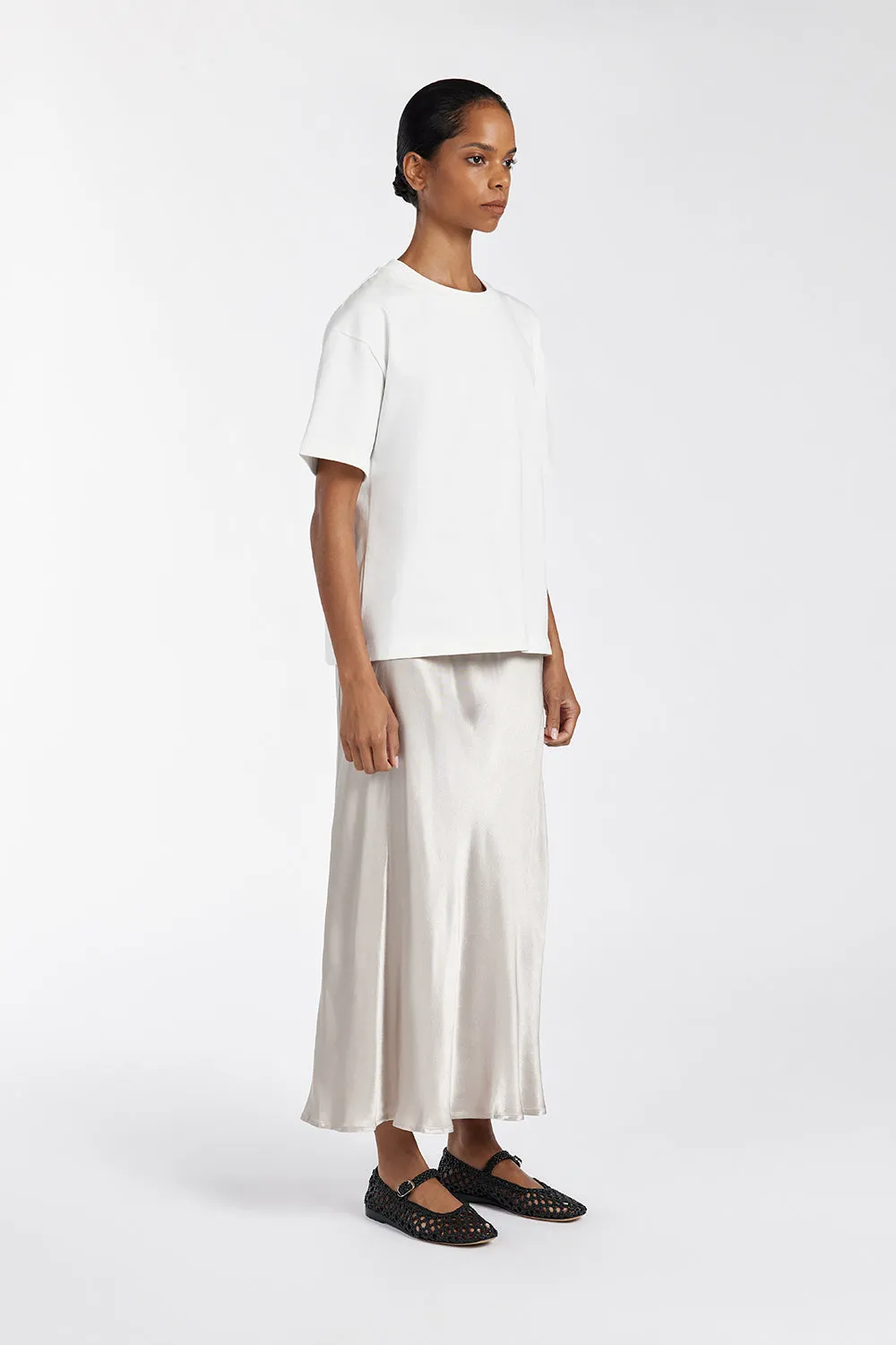 EMELIA CHALK SATIN MIDI SKIRT