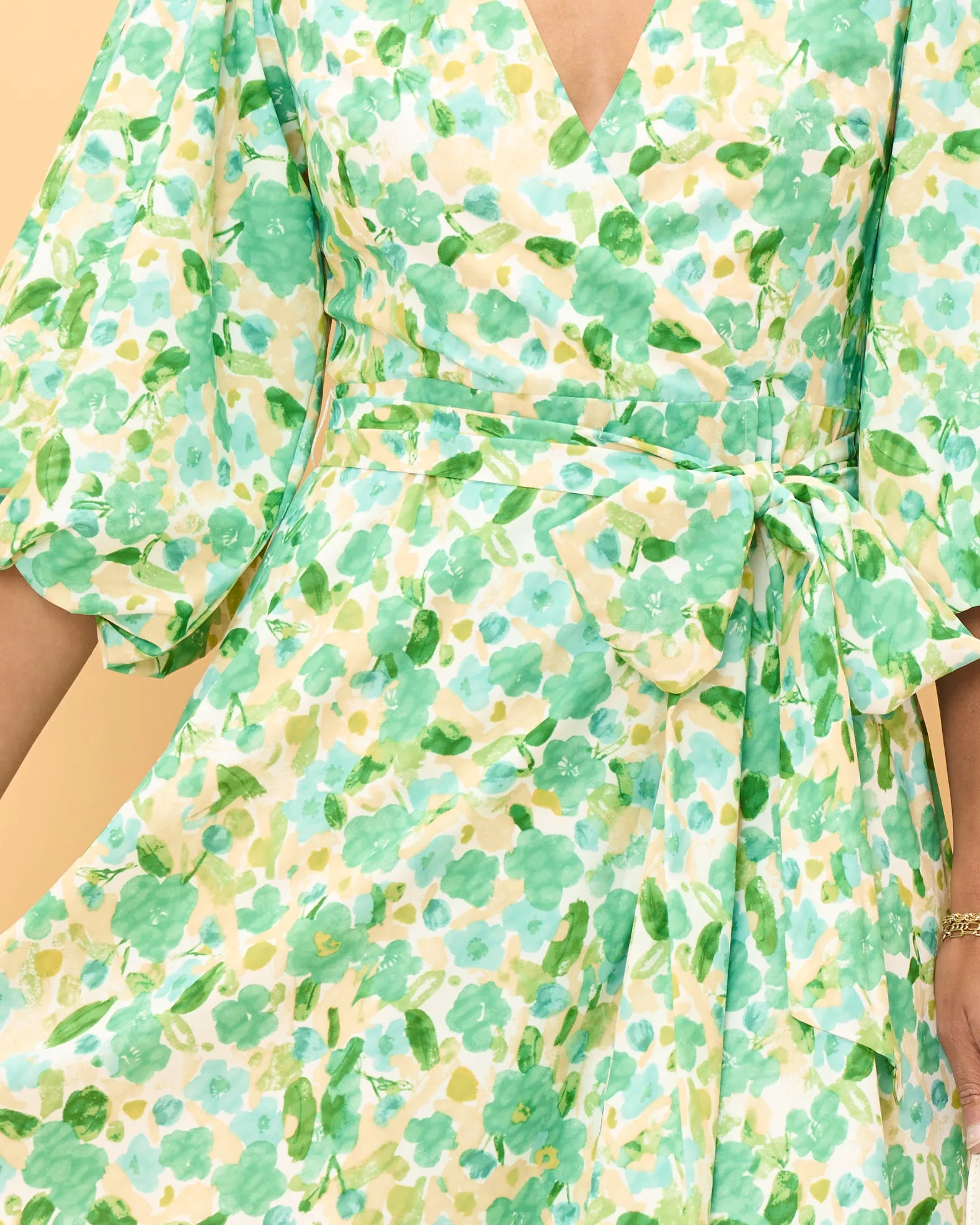 Emilie Green Floral Puff Sleeve Wrap Mini Dress