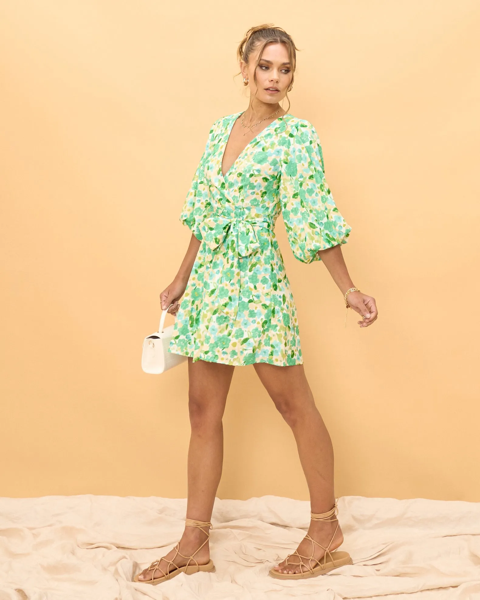 Emilie Green Floral Puff Sleeve Wrap Mini Dress