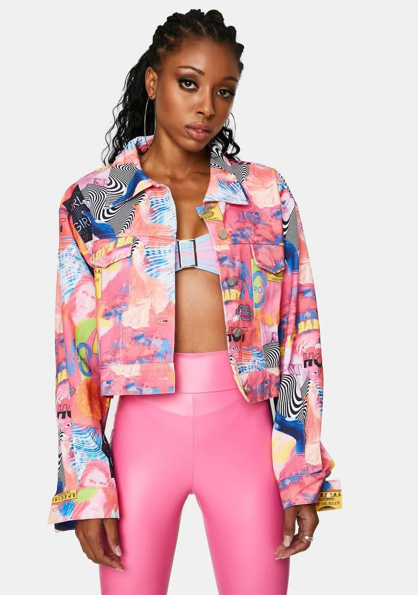 Empower Print Cropped Denim Jacket