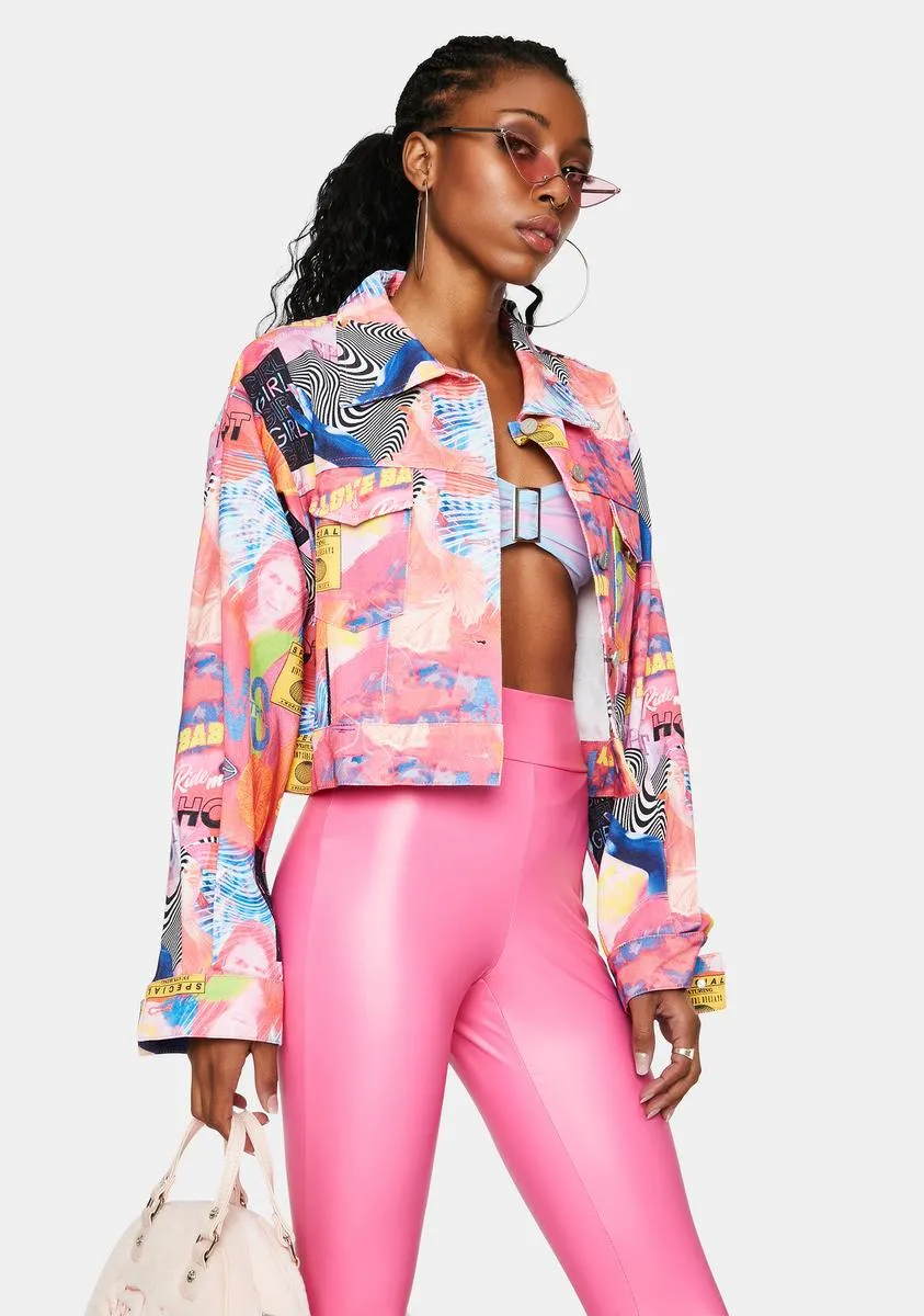 Empower Print Cropped Denim Jacket