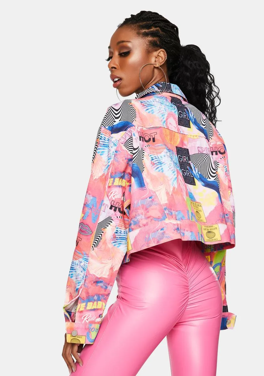 Empower Print Cropped Denim Jacket