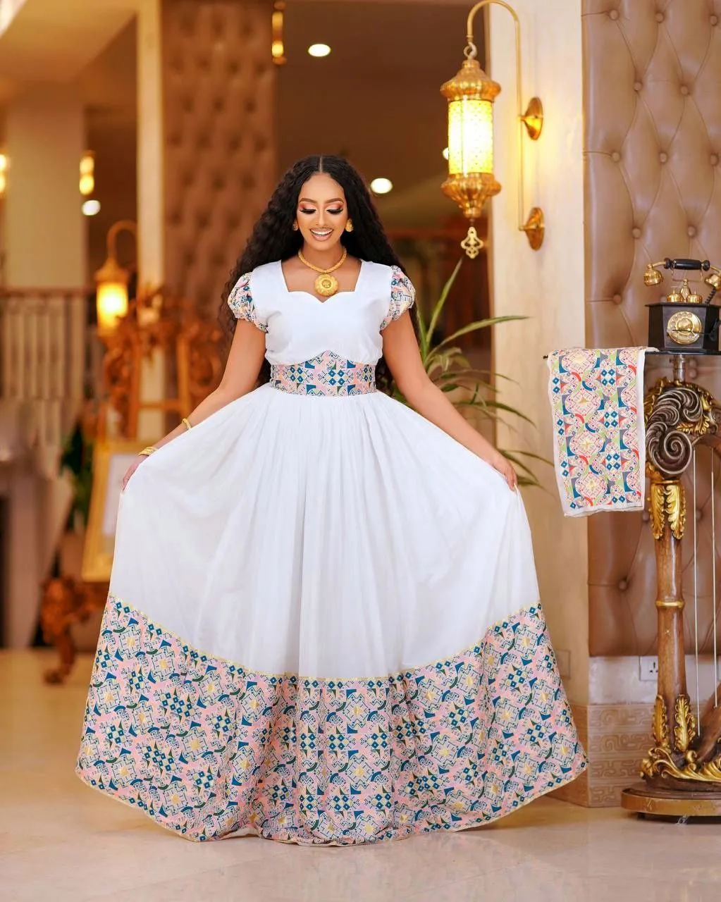 Enchanting Multicolored Habesha Dress: with Bright Floral Traditional Embroidery Ethiopian Dress