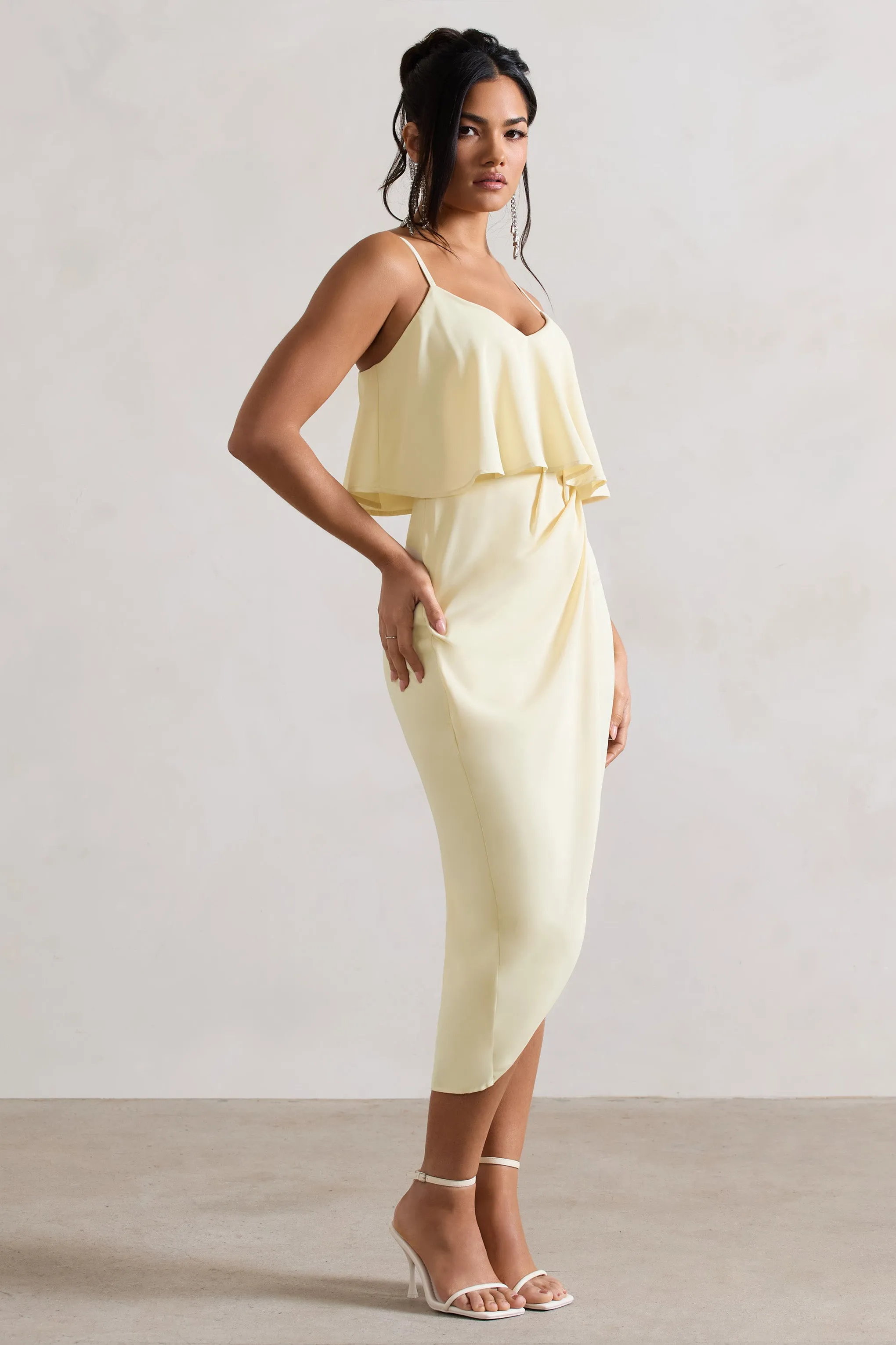 Faro | Lemon Strappy Draped-Neck Wrap Midi Dress