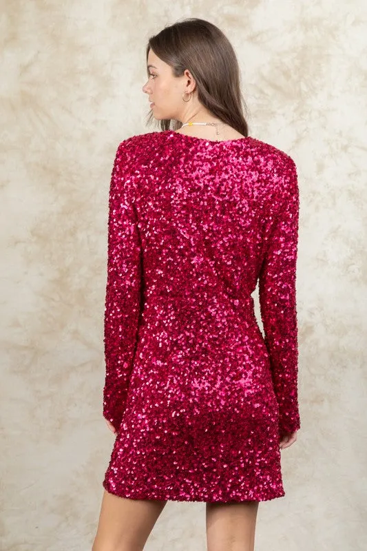 Fuchsia Sequin Glitter Holiday Party Wrap Mini Dress