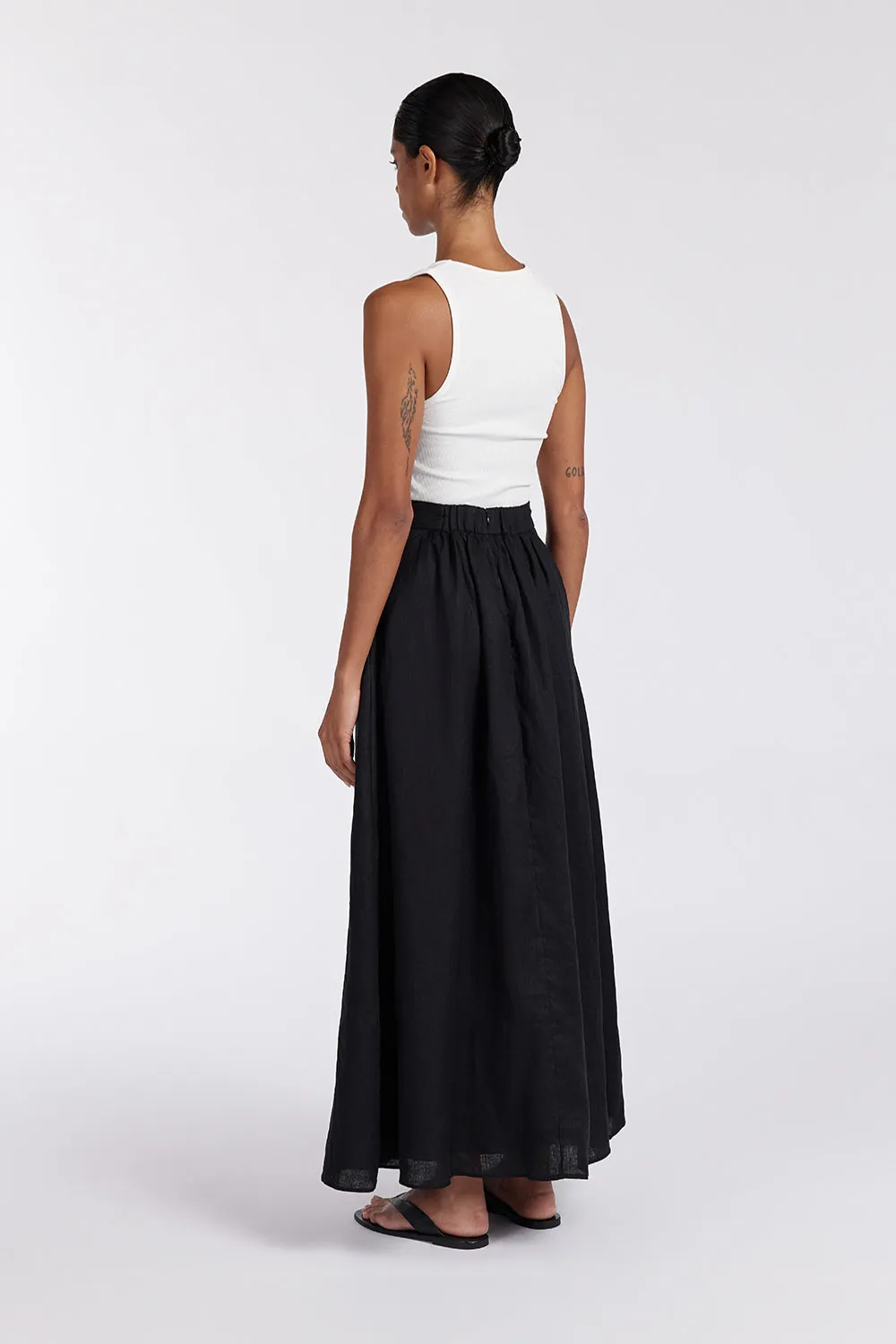 GEMIMA BLACK LINEN MIDI SKIRT