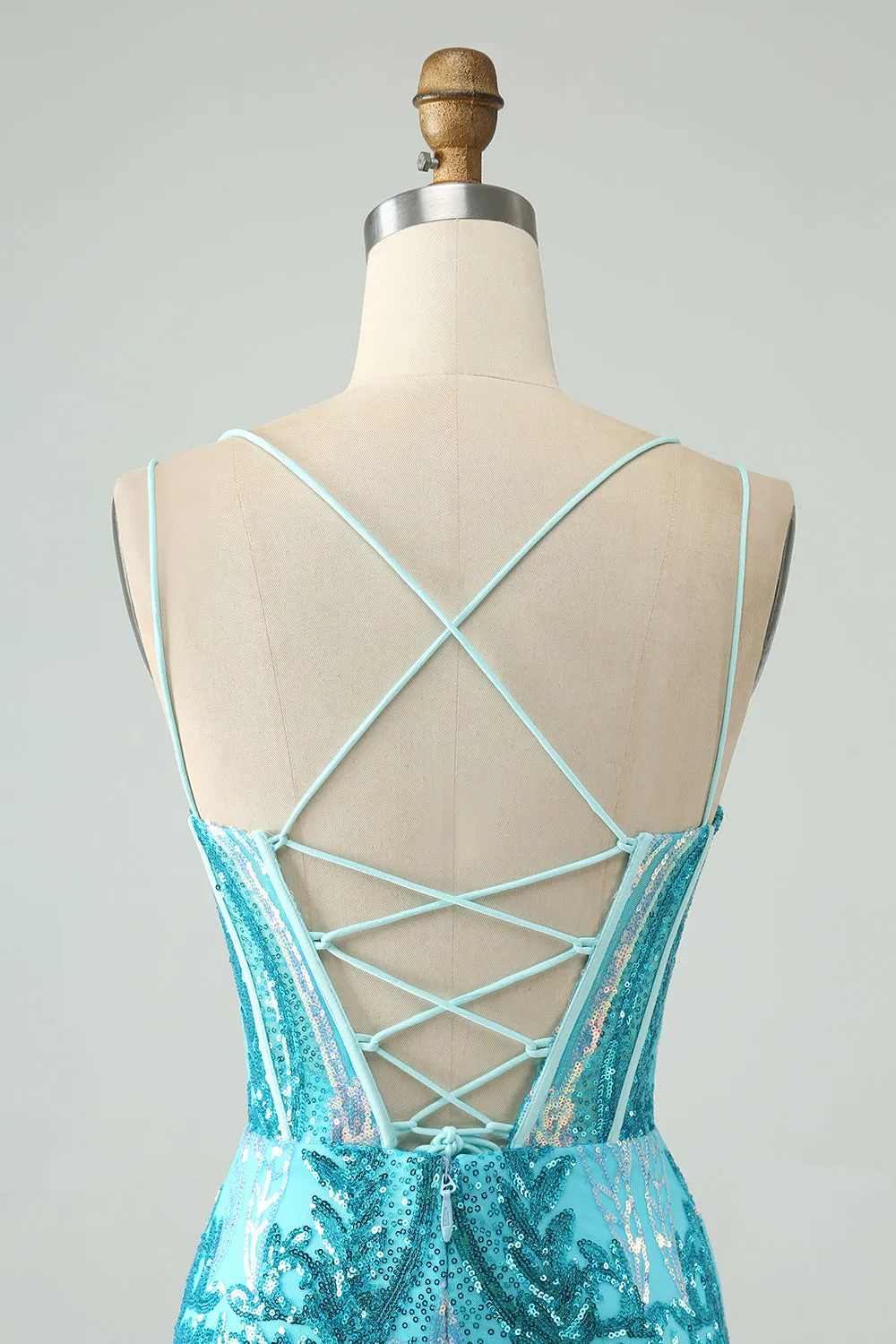 Gorgeous Blue Bodycon Spaghetti Straps Corset Homecoming Dress with Sequins