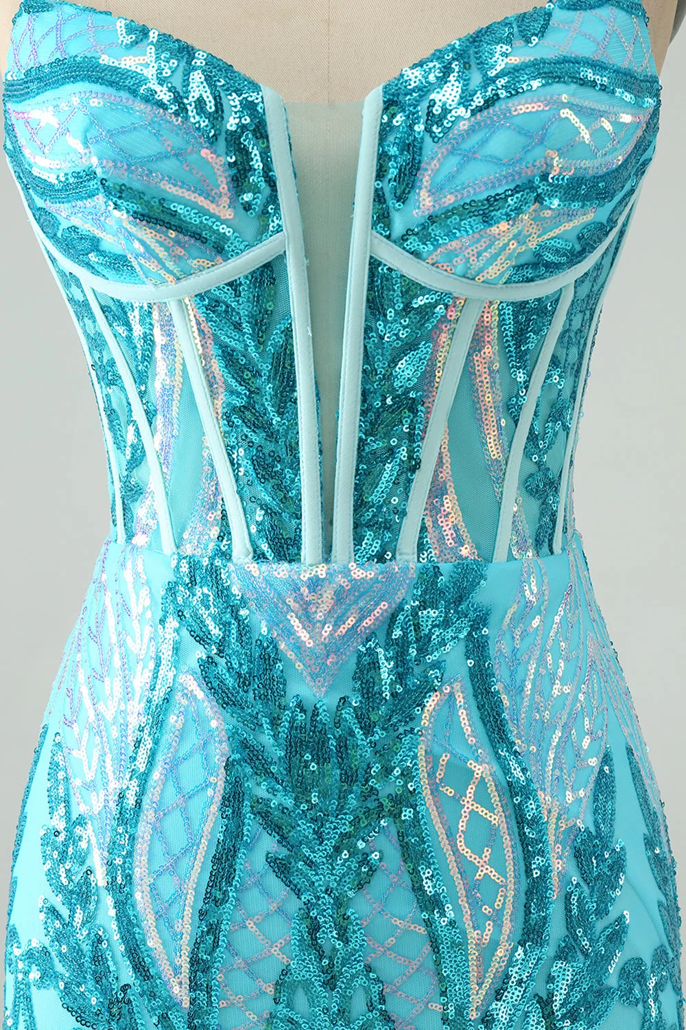 Gorgeous Blue Bodycon Spaghetti Straps Corset Homecoming Dress with Sequins