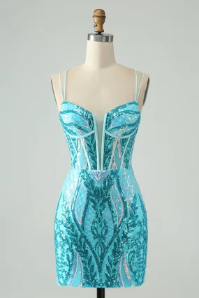 Gorgeous Blue Bodycon Spaghetti Straps Corset Homecoming Dress with Sequins