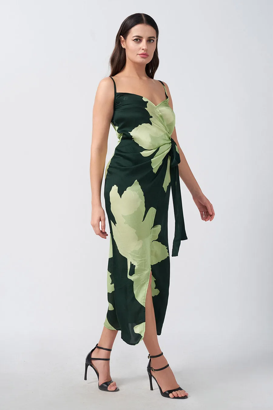 Green Floral Printed Wrap Long Dress