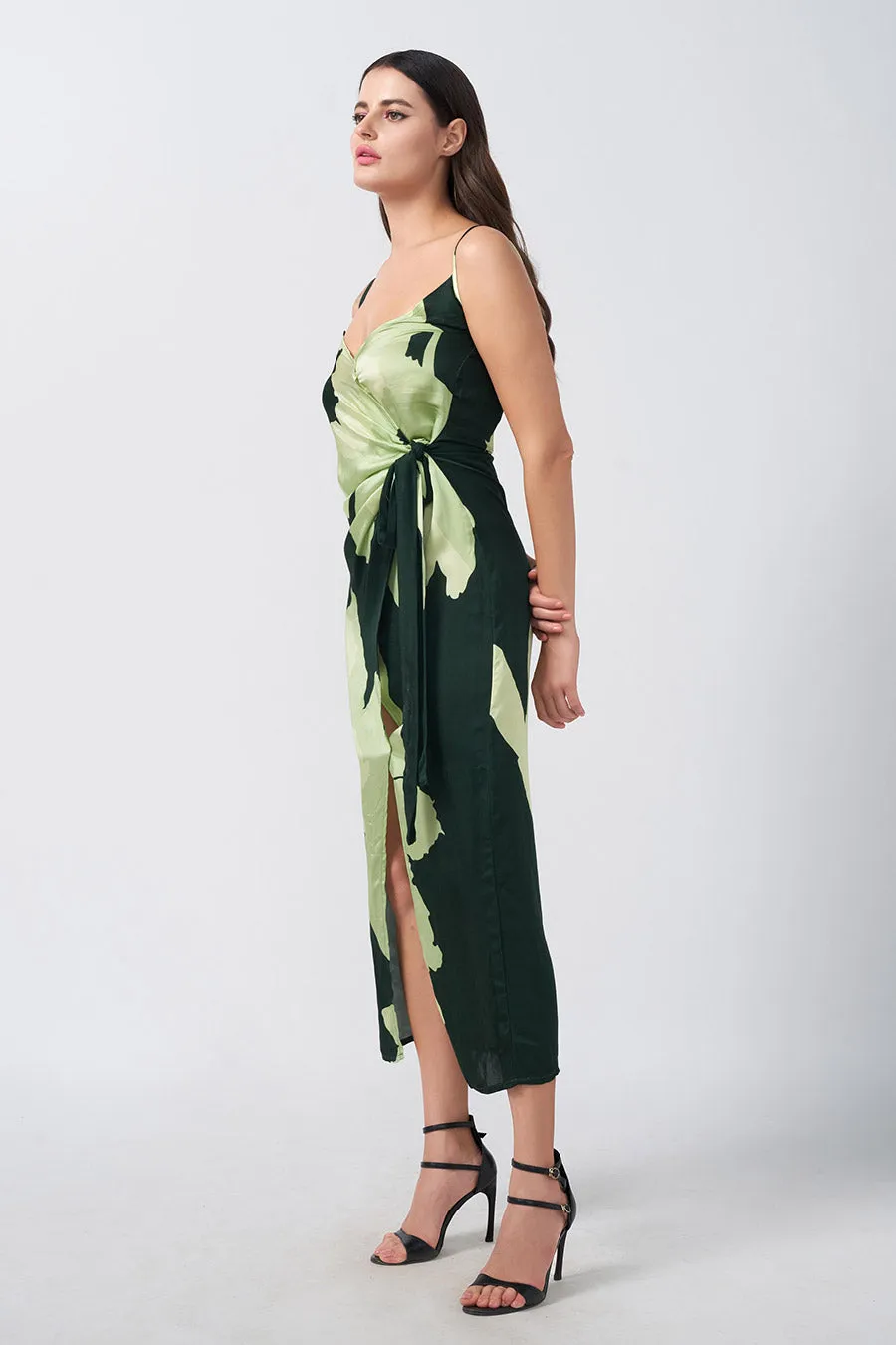 Green Floral Printed Wrap Long Dress