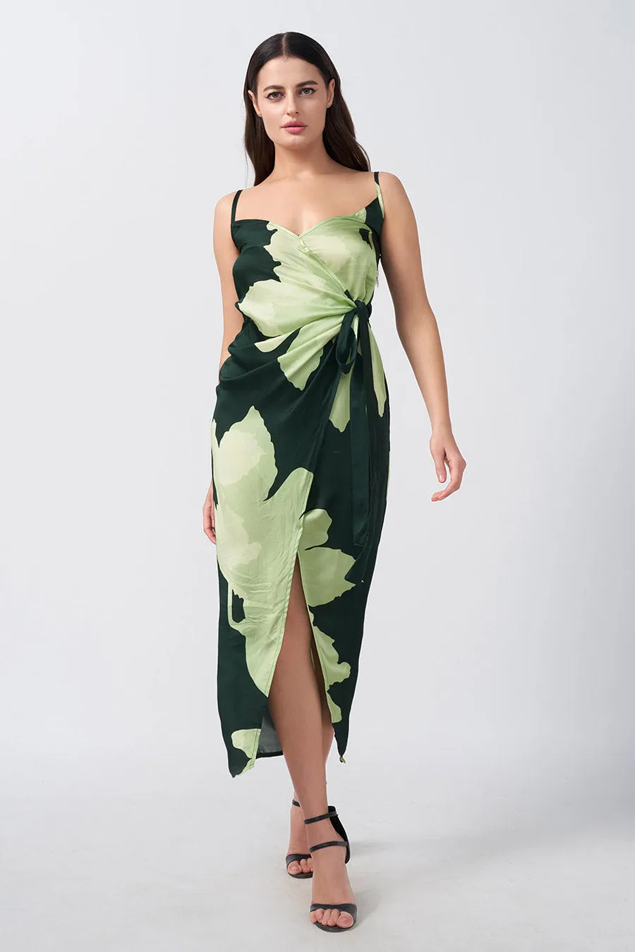 Green Floral Printed Wrap Long Dress