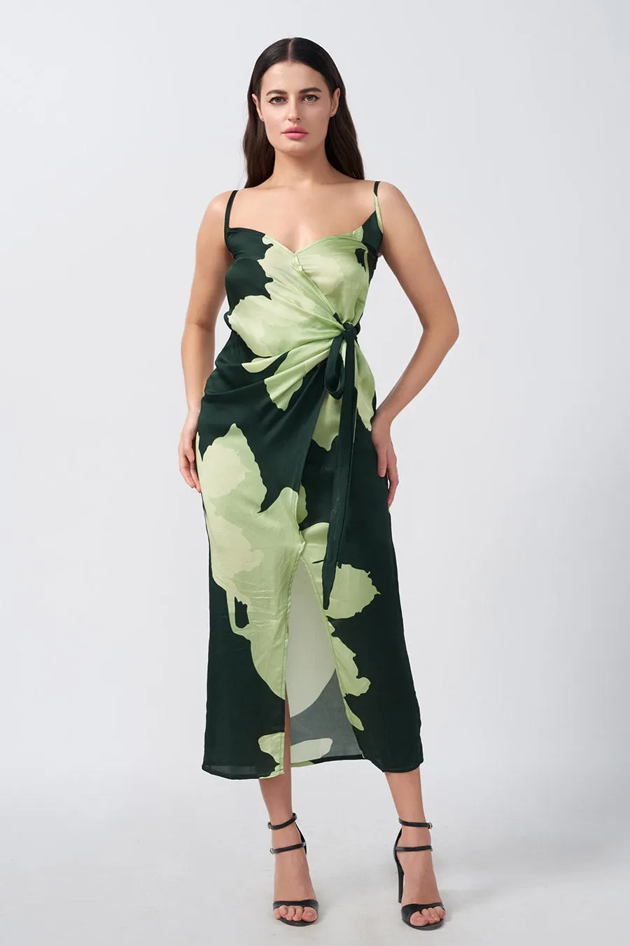 Green Floral Printed Wrap Long Dress