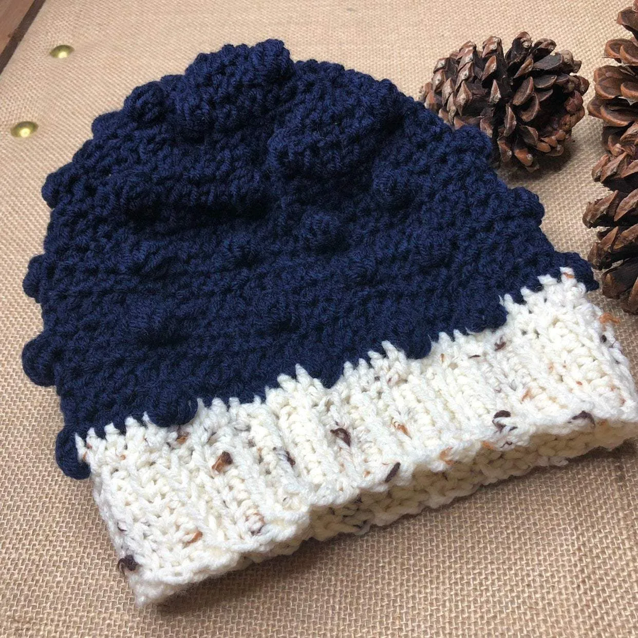 Hand Knit Crochet Navy Blue and Oatmeal Winter Hat | Slouchy Hat | Puff Beanie Cozy Thick Winter Hat | Women Winter Hat |  Cozy Unsex