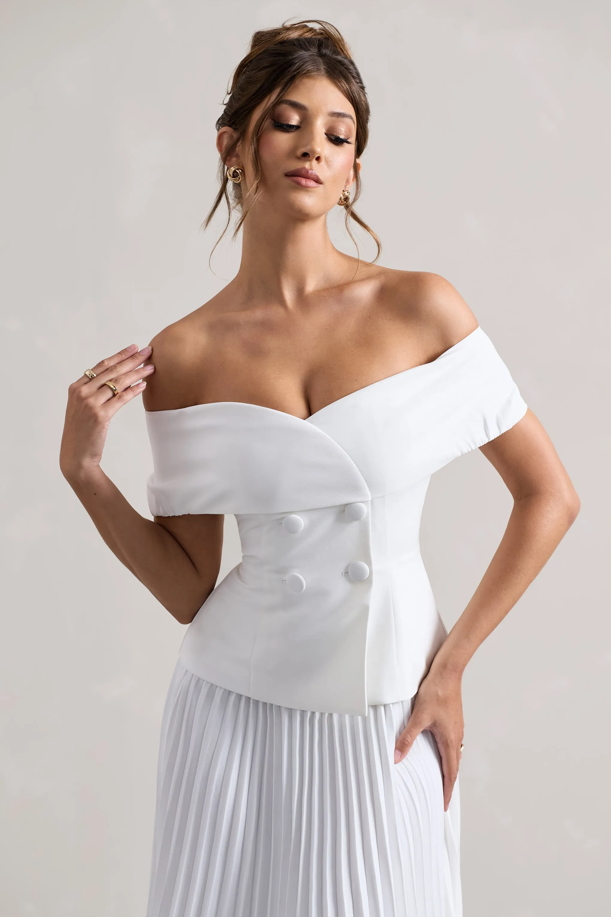 Hattie | White Bardot Tailored Midi Dress With Plisse Skirt