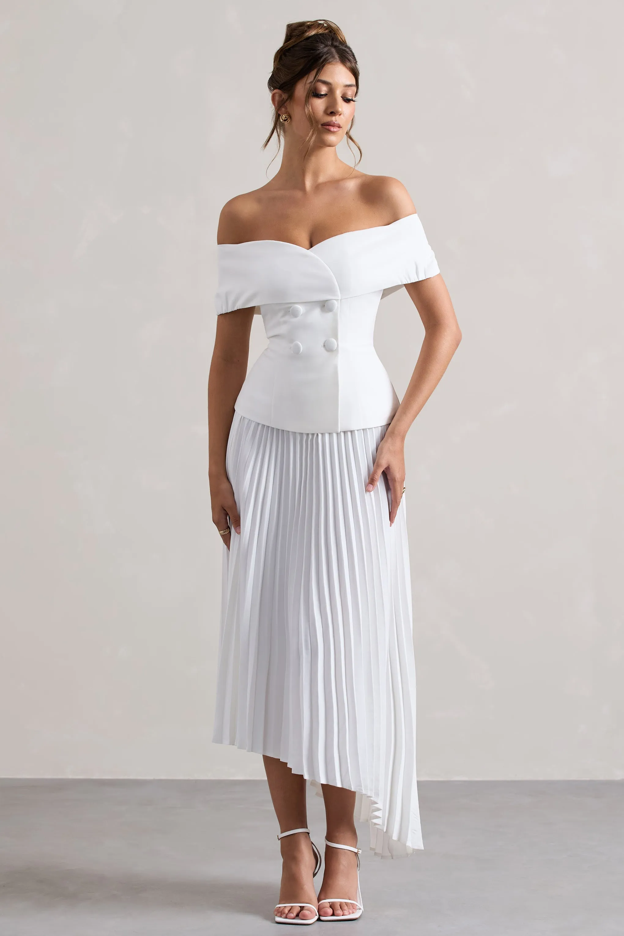 Hattie | White Bardot Tailored Midi Dress With Plisse Skirt