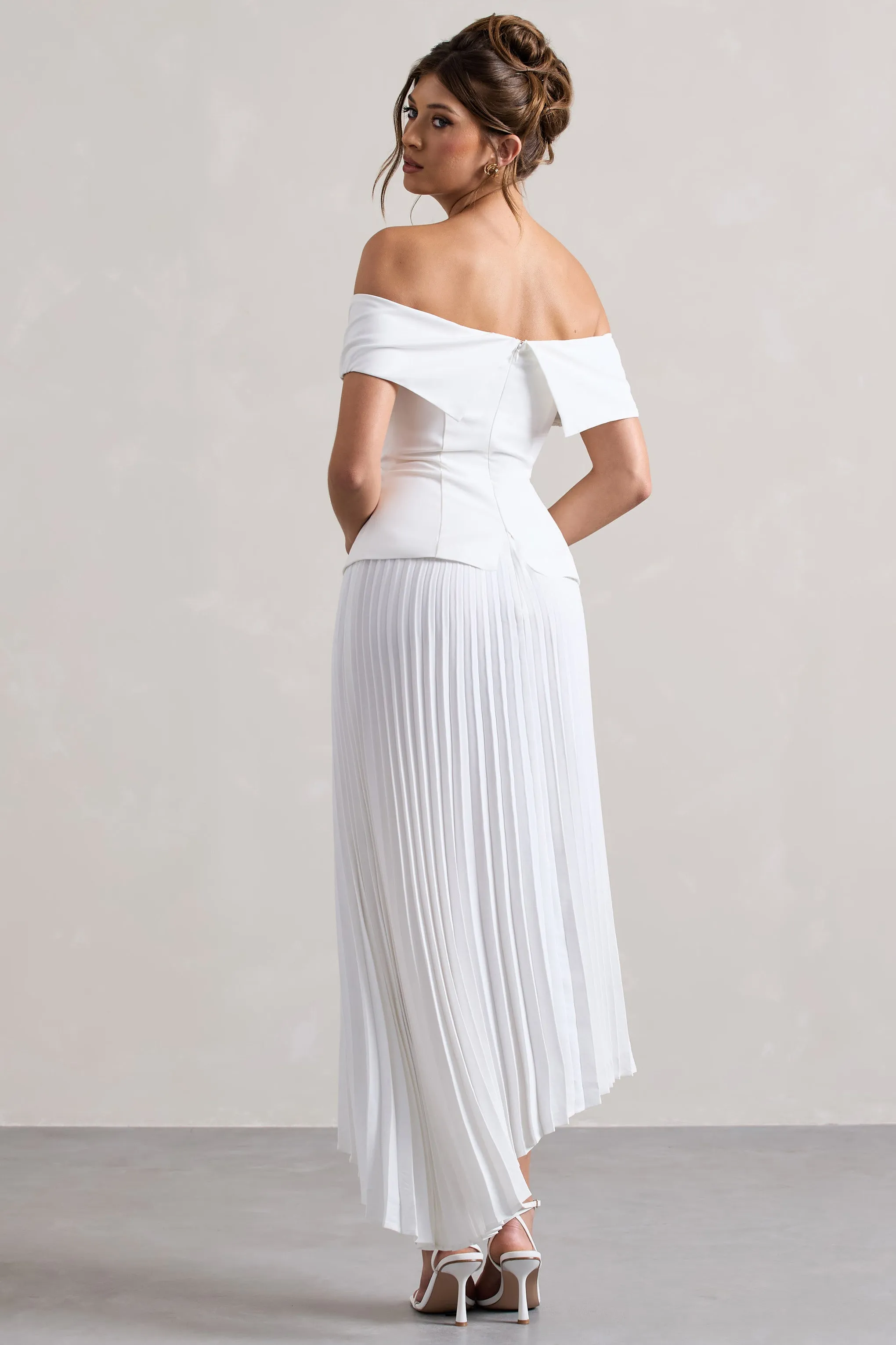 Hattie | White Bardot Tailored Midi Dress With Plisse Skirt