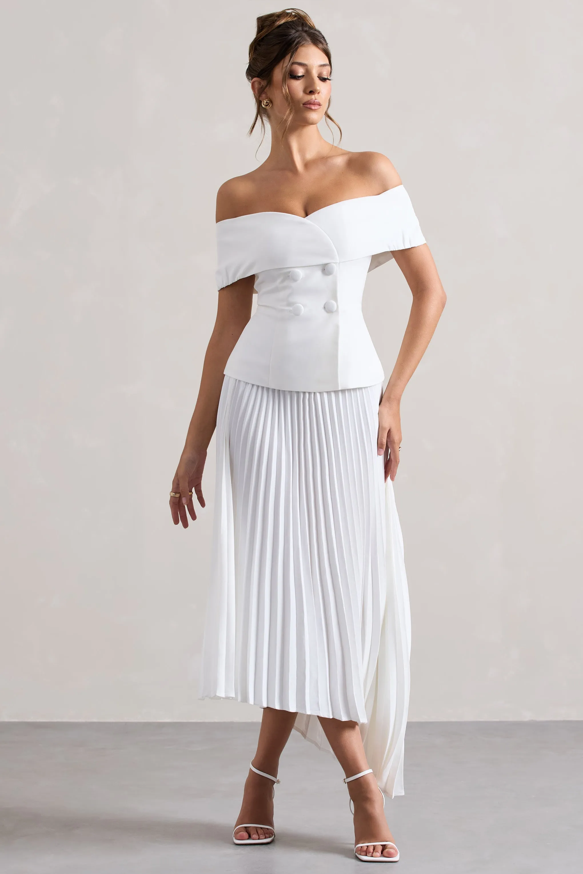 Hattie | White Bardot Tailored Midi Dress With Plisse Skirt