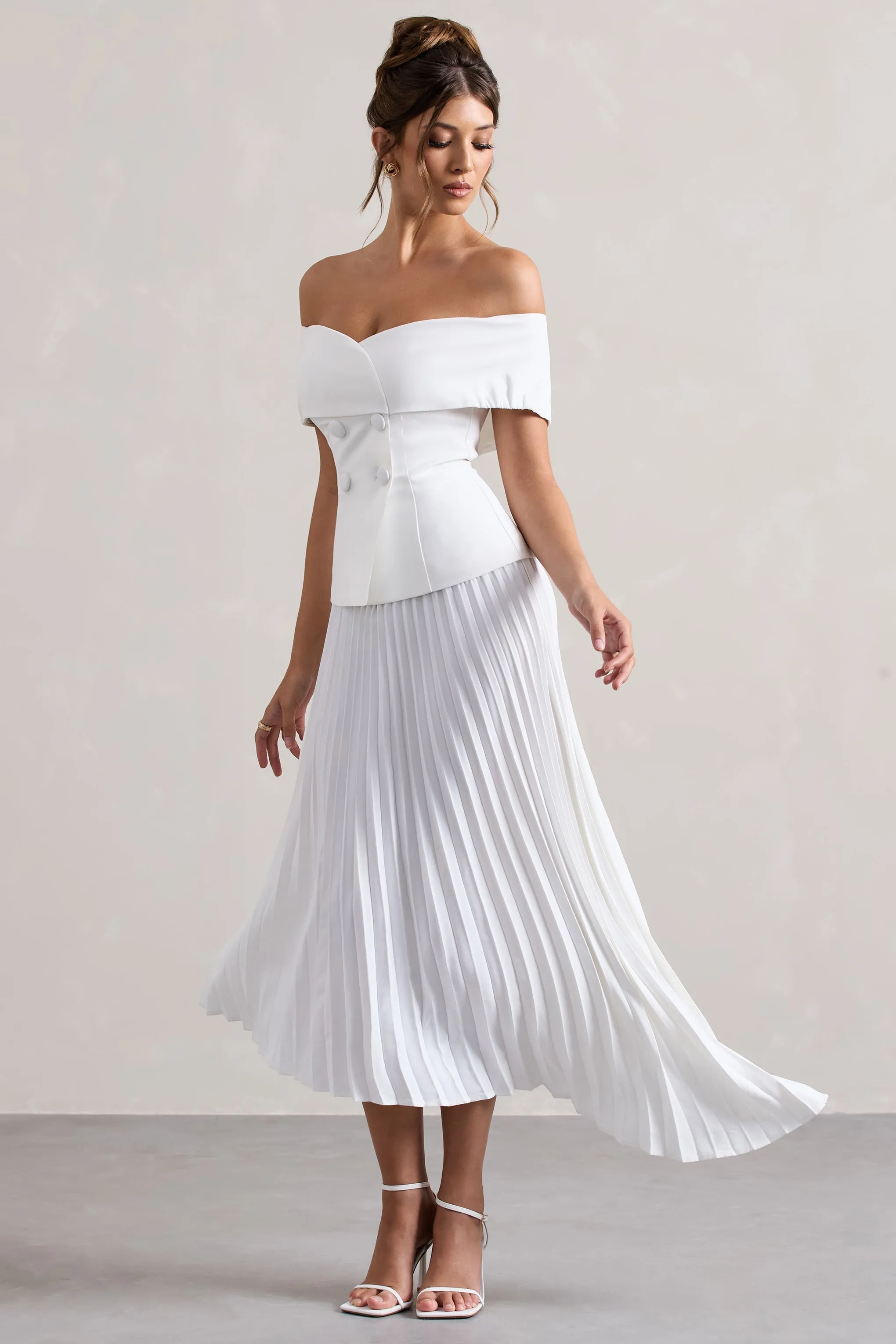 Hattie | White Bardot Tailored Midi Dress With Plisse Skirt